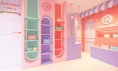 the inside of a store with shelves and purses on it's walls, painted in pastel colors