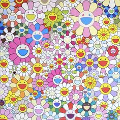 an abstract painting with many different colored flowers and faces in the center, all on one wall