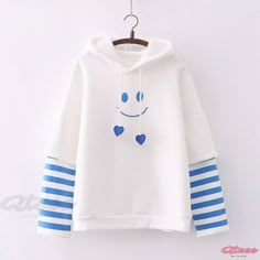 Qteee - Chic Smiling Face Print Striped Sleeve Plush Hoodie Spring Cotton Kawaii Hoodie, Kawaii Cotton Hoodie Top, Kawaii Hooded Top For Spring, Blue Cotton Kawaii Hoodie, Kawaii Blue Cotton Hoodie, Fun Long Sleeve Cotton Hoodie, Fun Cotton Hooded Hoodie, Fun Cotton Hoodie, Playful Blue Winter Sweatshirt