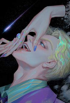 a digital painting of a woman holding her hand up to her face with the stars in the background