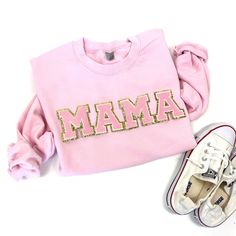 Mama Chenille Patch Sweatshirt. Classic Crewneck Sweatshirt. Unisex sizing. Soft and fuzzy inside, just like you. 8.0 ounces Soft 50/50 Cotton/Poly Blend Ribbed collor, cuffs and waistband Unisex Fitment Cool Mom Shirt, Varsity Letter, Birthday Gift For Mom, Valentine Shirt, Mama Sweatshirt