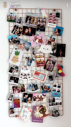 a collage of photos is hanging on a wall with magnets and pictures attached to it