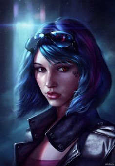 a woman with blue hair and goggles