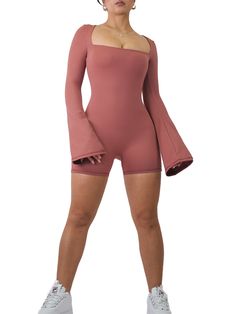 Description: NOW WITH FLARE SLEEVES! This new elegant flared long sleeve short romper is designed to be cute, simple, and supportive in all areas. All of our rompers & jumpsuits are made out of high quality blends of nylon and are guaranteed to shape your figure while providing high comfort and sweat resistance. Sizing: True to size Color: Blush Red ﻿Fabric: ﻿Premier Buttersoft Seamless Long Sleeve Playsuit, Gray Romper, Baddie Outfit, Short Romper, Workout Style, Flare Long Sleeve, Flare Sleeves, Y2k Aesthetic Outfits, Jumpsuit Pattern