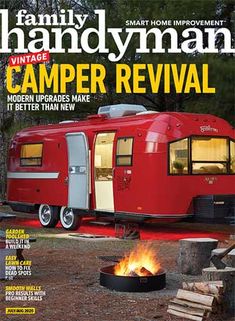 a red camper is featured on the cover of this magazine, which features an image of a camper