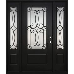 a black double door with glass panels