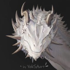 a drawing of a white dragon with large horns