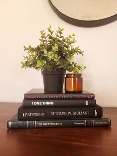 three books stacked on top of each other next to a potted plant and a mirror