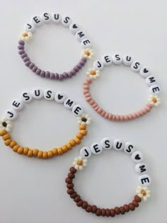 "🤍Jesus Loves Me bracelets for girls! Pink, mustard, purple and brown color options.  🤍Sweet reminder of who their identity is in🤍 SIZING:  3.5\" PREEMIE/SMALL NEWBORN 4\"NEWBORN-6MONTH 4.5\" 6-12 MONTH 5\" 1-2 YEARS 5.5\" 2-5 YEARS 6\" 6-12 YEARS 6.5\" SIZING IS JUST A GUIDE. IT IS BEST TO MEASURE FOR BEST ACCURACY. Take a sting and loop it around your babies wrist, ADD a 1/2\" for wiggle room. Message me for absolutely any questions! I'm happy to help!!  *Handmade item *Can be personalized *Stretch and elastic fit. Customizable worded bracelet stacks. Perfect for birthdays, Christmas gifts, stocking stuffers, gender reveals, baby announcements, valentine's, easter, mamas and their babes, ect.  Dress up your outfit with these sweet customizable, sentimental bracelets! WARNING: Contains Happy Birthday Clay Bead Bracelet, He Is Risen Bracelet, Nurse Bracelet Diy, Jesus Beaded Bracelet, Christian Handmade Gifts, Small Buissnes Bracelet, Sunday School Gifts For Kids, Kids Bracelet Ideas, Christian Friendship Bracelets