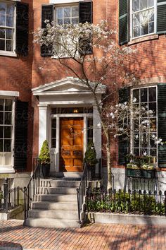 a red brick building with black shutters and a tree in the foreground by an orange front door