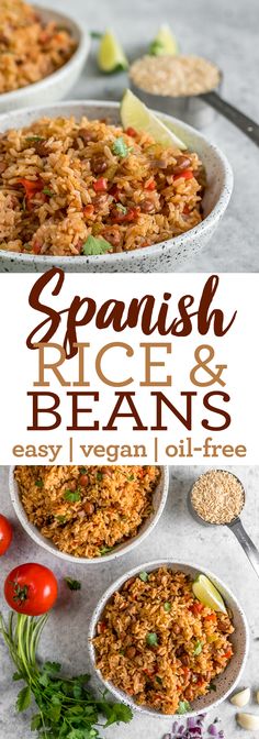 spanish rice and beans in bowls on a table