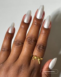 A pearly white polish with a metallic finish. Pearly White Nails, Pearly Nails, Silk Nails, Bridal Nail, Metallic Nail Polish, Velvet Nails, Classic Nails, White Polish, Pearl Nails