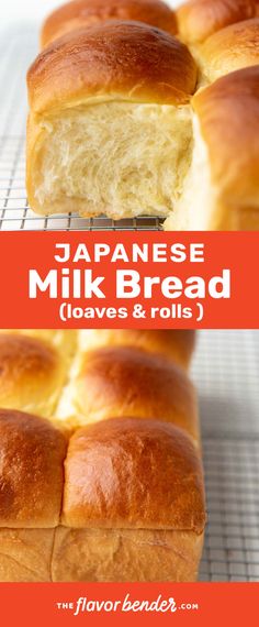 japanese milk bread loaves and rolls on a cooling rack with text overlay that reads, japanese milk bread loaves and rolls