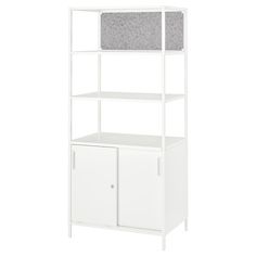 a white shelving unit with two doors