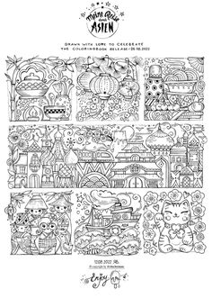 an adult coloring book with many different pictures and words on the page, including cats