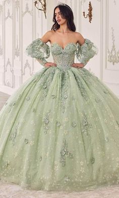 Cinderella Divine 15722 - Ballgown with Statement Puff Sleeves Ball Gowns XXS / Sage Long Ball Dresses, Strapless Ball Gown, Puff Sleeve Gown, Princesa Tiana, Debutante Ball, Cinderella Divine, Red Bridesmaids, Layered Tulle Skirt, Lace Ball Gowns