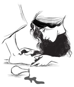 a black and white drawing of a woman sitting on the ground with her head down