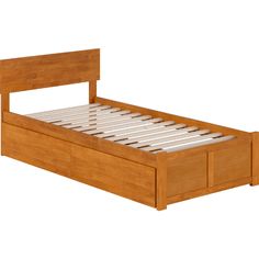 a wooden bed frame with two drawers on each side and no headboard or foot board