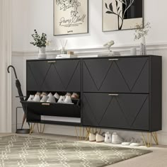 a black cabinet with gold legs and shoes on it next to a rug in a living room