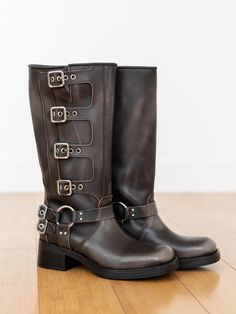 tall distressed brown buckle boots Brown Buckle Boots, Rocky Boots, Boot Silhouette, Rugged Look, Tall Boot, Athleisure Fashion, Mother Denim, Cold Weather Accessories, Christmas Wish