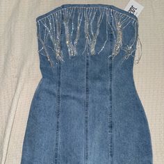 12th Tribe Jean Strapless Dress With Rhinestone Fringe. Brand New Never Worn Tags Still On! Super Cute And Stretchy Can Fit A Size S Dress With Rhinestone Fringe, Bedazzled Jeans, Floral Homecoming Dresses, Preppy Women, 12th Tribe, Dvf Diane Von Furstenberg, Rhinestone Fringe, Royal Blue Dress, Jean Dress