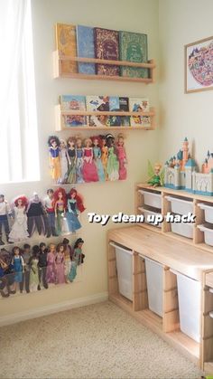 a child's playroom with toys on the shelves