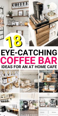 coffee bar decor ideas Office Desk Coffee Bar, Kitchen Coffee And Tea Station, Coffee Bar For Apartment, Drinking Station Home, How To Display Coffee Syrups, Modern Office Coffee Station Ideas, Home Bar Decoration Ideas, Items For Coffee Bar, Organizing Coffee Station