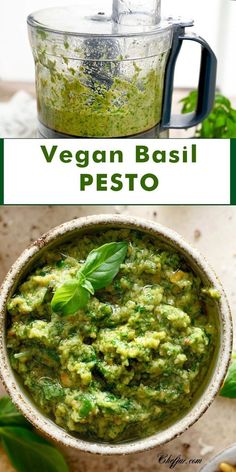 vegan basil pest in a blender with the title above it