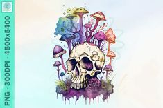 a watercolor drawing of a skull with mushrooms on it's head in the background