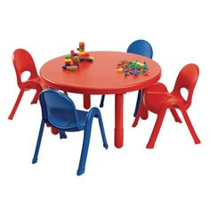 children's plastic table and chairs with legos on the top, set against a white background