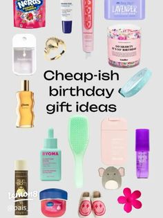 the words cheap - ish birthday gift ideas surrounded by various items