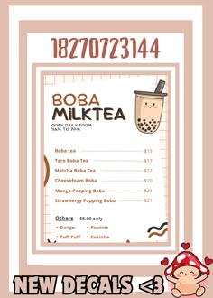 a menu with an image of a drink and the words ropa milktea on it