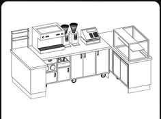 a drawing of a kitchen with cabinets and appliances on the counter top, along with an oven