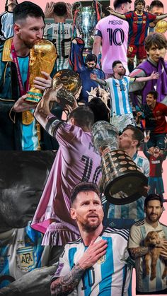 collage of soccer players holding trophies and posing for pictures with their team's colors