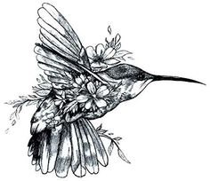 a black and white drawing of a hummingbird with flowers on its wings, in flight