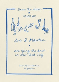 a blue and white wedding card with the words save the date, zoo & martin