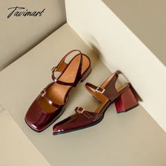 TAVIMART - Spring Summer New Women Sandals Square Toe Buckle Chunky Pumps Patent Leather High Heels Mary Janes Ladies Party Slingback Shoes Dainty Heels, Chunky Pumps, Parisienne Chic, Burgundy Shoes, Pantsuits For Women, Slingback Shoes, Mary Jane Heels, Leather High Heels, Cargo Pants Women