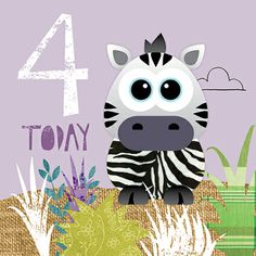 a zebra is sitting in the grass with numbers 4 and 4 behind it