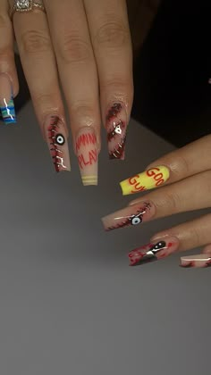 It Acrylic Nails, Chuckie Halloween Nails, Chunky Nails Acrylic, Long Acrylic Halloween Nails, Tiffany Nails Design Chucky, Chucky Nail Designs, Halloween Nail Inspo Chucky, Bride Of Chucky Nails, Cartoon Halloween Nails