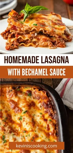 homemade lasagna with bechamel sauce in a casserole dish on a plate