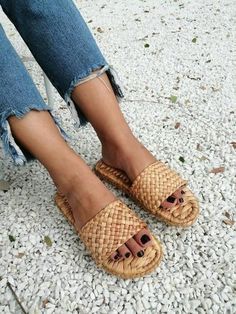 woven slide sandals Beach Slippers Women, Sandal Hotel, Summer Slippers Sandals, Hotel Slippers, Raffia Shoes, Straw Sandals, Sandals Greek, Pom Pom Sandals, Beach Bohemian