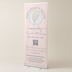 Beauty Salon Reopening Logo Hair Rose QR Code Retractable Banner Gender: unisex. Age Group: adult. Retractable Banner Design, Roll Banner, Beauty Salon Posters, Indoor Banner, Logo Hair, Door Poster, Retractable Banner, Beauty Event, Business Banner