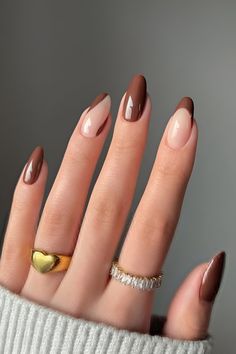 30 Must-Try Brown Nail Designs For Trendy Girls - 194 Paznokcie Hello Kitty, Fake Nails With Glue, White Nail, Oval Nails, Brown Nails, Short Acrylic Nails, Nail Arts, Nude Nails