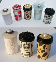 four different types of canisters are shown in three different pictures, one is decorated with music notes and the other has a candle