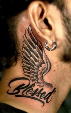 Tattoo With Wings, Wing Neck Tattoo, Blessed Tattoo, Alas Tattoo, Blessed Tattoos, Tato Flash, Best Neck Tattoos, Small Neck Tattoos, Side Neck Tattoo