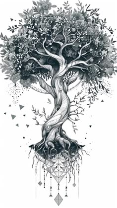 a drawing of a tree with lots of leaves and branches on it, in black and white