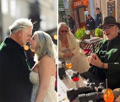 two photos side by side, one with a man and woman on their wedding day