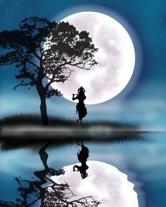 a person standing in front of a full moon next to a lake with trees on it