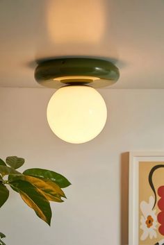 a white light hanging from the ceiling next to a potted plant and painting on the wall