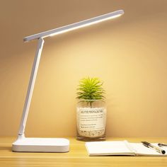 a desk lamp sitting on top of a wooden table next to a potted plant